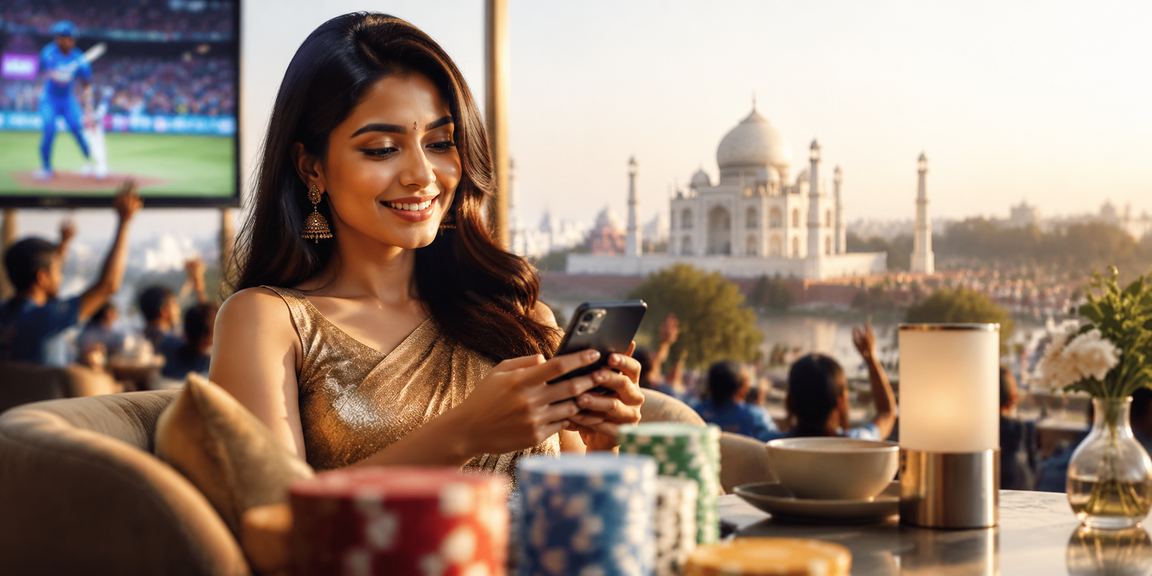 Indian VIP user enjoying mobile gaming near Taj Mahal
